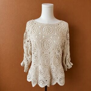 Anthropologie Solitaire Crochet Open weave Sweater Sz M Ivory Boho Cottagecore